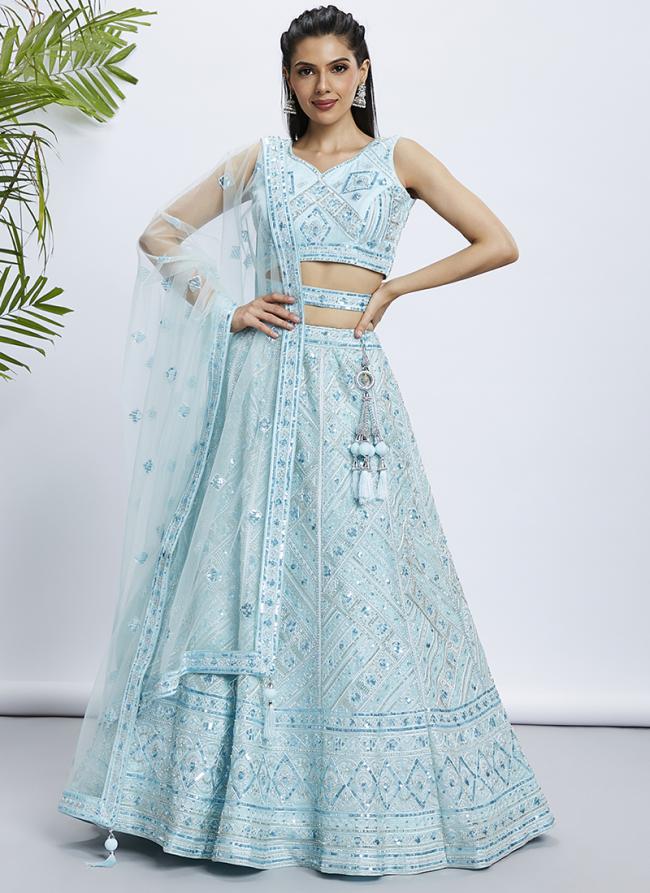 Net Turquoise Blue Wedding Wear Sequinned Lehenga Choli